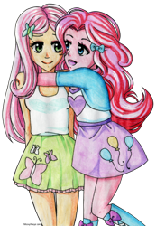 Size: 744x1074 | Tagged: safe, artist:michychan, fluttershy, pinkie pie, equestria girls, anime, hug, smiling, traditional art