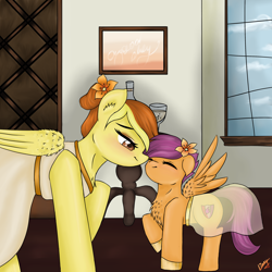 Size: 2830x2830 | Tagged: safe, artist:vinviasshine, derpibooru import, scootaloo, spitfire, bride, clothes, cutie mark, detailed background, dress, female, flower, flower girl, flower in hair, male, marriage, mother and child, mother and daughter, nuzzling, parent and child, shipping, soarinfire, straight, wedding, wedding dress