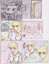 Size: 1275x1655 | Tagged: safe, artist:zoarenso, applejack, discord, anthro, comic:harsh apples, comic, harsh apples, photo, traditional art