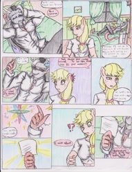 Size: 1275x1672 | Tagged: safe, artist:zoarenso, applejack, discord, anthro, comic:harsh apples, comic, harsh apples, stupid sexy discord, traditional art