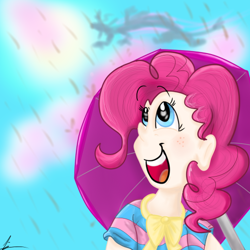 Size: 504x504 | Tagged: safe, artist:flutter-butter, discord, pinkie pie, human, chocolate, chocolate rain, food, humanized, rain, umbrella