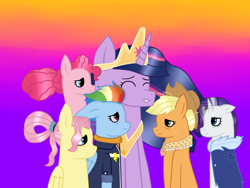 Size: 4160x3120 | Tagged: safe, artist:lightningbolt39, derpibooru import, applejack, fluttershy, pinkie pie, princess twilight 2.0, rainbow dash, rarity, twilight sparkle, twilight sparkle (alicorn), alicorn, earth pony, pegasus, pony, unicorn, the last problem, alternate hairstyle, applejack's hat, clothes, coat, cowboy hat, crown, end of ponies, eyes closed, female, freckles, gradient background, hat, jewelry, mane six, mare, older, older applejack, older fluttershy, older mane six, older pinkie pie, older rainbow dash, older rarity, older twilight, regalia, shirt