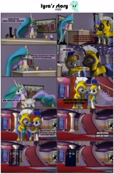 Size: 3928x5955 | Tagged: safe, artist:goatcanon, princess celestia, oc, oc:general dust, oc:general strawcream, alicorn, pony, comic:lyra's story, 3d, absurd resolution, banana, banana peel, bananalestia, castle, comic, crossover, doctor who, food, general, implied straight, knife, royal guard, source filmmaker, stabbing, tardis, threat, threatening, tyrant celestia