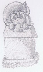 Size: 362x608 | Tagged: safe, artist:laptopbrony, fluttershy, pegasus, pony, box, cute, heart, looking at you, monochrome, pony in a box, solo