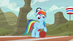 Size: 1280x720 | Tagged: safe, derpibooru import, screencap, rainbow dash, pegasus, pony, common ground, basket, buckball, buckbasket, bushel basket, solo