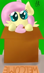 Size: 690x1156 | Tagged: safe, artist:laptopbrony, fluttershy, pegasus, pony, box, cute, heart, looking at you, pony in a box, shyabetes, solo