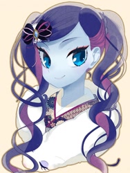 Size: 1254x1672 | Tagged: safe, artist:yam, rarity, equestria girls, alternate hairstyle, clothes, eyeshadow, hairpin, kimono (clothing), makeup, simple background, smiling, solo