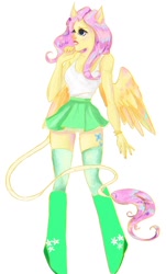 Size: 718x1188 | Tagged: safe, artist:nebulaeye, fluttershy, anthro, unguligrade anthro, boots, clothes, miniskirt, shoes, simple background, skirt, socks, solo, tanktop, thigh highs, white background