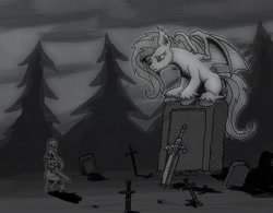 Size: 800x623 | Tagged: safe, artist:sensko, fluttershy, bat pony, pony, chosen undead, crossover, dark souls, elite knight set, flutterbat, giant pony, grave, great grey wolf sif, missing cutie mark, monochrome, sad, sword, the chosen undead, this will end in tears and/or death, weapon