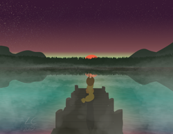 Size: 3300x2550 | Tagged: safe, artist:liracrown, applejack, earth pony, pony, applejack's hat, beautiful, dawn, female, fishing, fog, hat, high res, lake, mare, rear view, scenery, scenery porn, shadow, signature, solo, stars, sun, twilight (astronomy), water