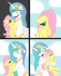 Size: 1028x1282 | Tagged: safe, artist:skoon, fluttershy, princess celestia, alicorn, pegasus, pony, comic, crying, cute, daaaaaaaaaaaw, eye contact, floppy ears, frown, hug, incorruptible pure pureness, looking at each other, open mouth, princess molestia, shyabetes, smiling, sweat, wide eyes