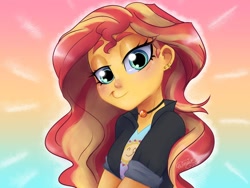 Size: 1280x960 | Tagged: safe, artist:wimsie, sunset shimmer, equestria girls, bust, clothes, cute, ear piercing, female, geode of empathy, jacket, looking at you, magical geodes, piercing, portrait, redraw, shimmerbetes, smiling, solo