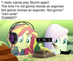 Size: 1136x951 | Tagged: safe, edit, edited screencap, editor:shyinka, screencap, fluttershy, ray, sunset shimmer, eqg summertime shorts, equestria girls, pet project, argonian, character creation, gamer sunset, gaming, gaming headset, headphones, interface, meme, pet, skyrim, the elder scrolls