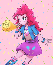 Size: 800x978 | Tagged: safe, artist:tzc, pinkie pie, equestria girls, balloon, blowing, blowing up balloons, bracelet, clothes, cute, female, jacket, one eye closed, skirt, solo