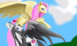 Size: 2048x1217 | Tagged: safe, artist:anthropony, artist:sonar-doll, fluttershy, oc, oc:spiral heart, pegasus, pony, heart