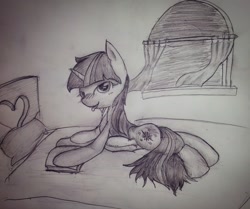 Size: 1280x1072 | Tagged: safe, artist:pw211, derpibooru import, twilight sparkle, bed, monochrome, solo, traditional art