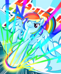 Size: 2477x3000 | Tagged: safe, artist:watery, derpibooru import, rainbow dash, pegasus, pony, chromatic, cloud, cute, dashabetes, female, high res, mare, pixiv, rainbow, solo, spread wings, wings