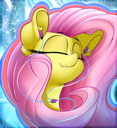 Size: 2700x2950 | Tagged: safe, artist:madacon, fluttershy, pegasus, pony, color porn, cute, earbuds, eyes closed, fluffy, lip bite, listening, shyabetes, smiling, solo