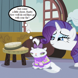 Size: 450x450 | Tagged: safe, edit, edited screencap, screencap, opalescence, rarity, pony, unicorn, sisterhooves social, angry, carousel boutique, clothes, cropped, laundry, sweater, this will end in pain, thought bubble