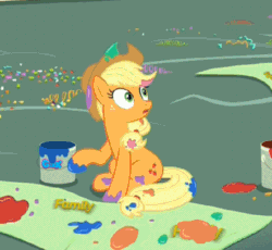 Size: 582x536 | Tagged: safe, edit, screencap, applejack, earth pony, pony, party pooped, animated, discovery family, discovery family logo, frown, gak, image macro, logo, meme, misspelling, paint, paint in hair, paint on fur, painting, sitting, smiling, splat, splatoon, talking