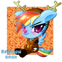 Size: 1800x1800 | Tagged: safe, artist:noisyvox, derpibooru import, rainbow dash, pegasus, pony, abstract background, animal costume, backwards cutie mark, blushing, christmas, costume, crossed hooves, cute, dashabetes, eye clipping through hair, female, holiday, mare, pixiv, reindeer costume, reindeer dash, rudolph dash, rudolph the red nosed reindeer, sitting, solo, unamused