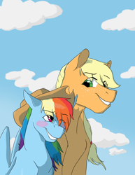 Size: 3400x4400 | Tagged: safe, artist:phobicalbino, derpibooru import, applejack, rainbow dash, earth pony, pegasus, pony, accessory swap, appledash, applejack's hat, art trade, blush sticker, blushing, cloud, cowboy hat, female, hat, lesbian, looking at each other, mare, shipping