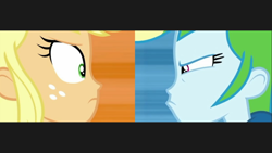 Size: 1280x720 | Tagged: safe, derpibooru import, applejack, rainbow dash, better together, equestria girls, a queen of clubs, face, female, rivals