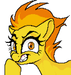 Size: 1089x1148 | Tagged: safe, artist:paintanon, derpibooru import, spitfire, pony, evil, evil grin, female, grin, looking at you, mare, pixel art, simple background, slasher smile, smiling, smug, solo, transparent background