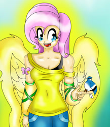 Size: 1300x1500 | Tagged: safe, artist:eduarknes, fluttershy, bird, human, clothes, humanized, off shoulder, solo, tanktop, winged humanization