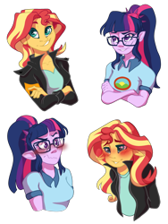 Size: 2412x3208 | Tagged: safe, artist:parrpitched, sci-twi, sunset shimmer, twilight sparkle, equestria girls, dreamworks face, elf ears, female, lesbian, scitwishimmer, shipping, simple background, sunsetsparkle, transparent background