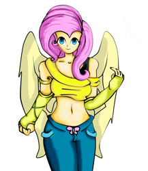 Size: 1300x1500 | Tagged: safe, artist:eduarknes, fluttershy, human, belly button, clothes, fingerless gloves, gloves, humanized, jeans, midriff, off shoulder, pants, solo, tanktop, winged humanization