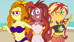 Size: 1024x576 | Tagged: safe, artist:jamesawilliams1996, adagio dazzle, sunset shimmer, oc, oc:mezma, equestria girls, beach, belly button, clothes, disguise, disguised siren, one eye closed, peace sign, swimsuit, wink, wubcake