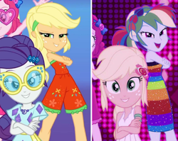 Size: 1419x1130 | Tagged: safe, derpibooru import, screencap, applejack, pinkie pie, rainbow dash, rarity, better together, equestria girls, i'm on a yacht, clothes, female, friendship, looking at you, neon eg logo, pose, sleeveless, smiling, sunglasses