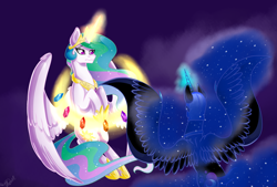 Size: 5340x3617 | Tagged: safe, artist:ri20, nightmare moon, princess celestia, alicorn, pony, absurd resolution, crown, elements of harmony, flying, jewelry, magic, peytral, regalia, royal sisters