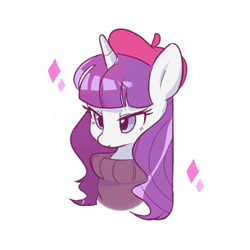 Size: 500x500 | Tagged: safe, artist:dilandau203, rarity, pony, unicorn, beatnik rarity, beret, bust, clothes, female, hat, mare, portrait, simple background, solo, sweater, white background