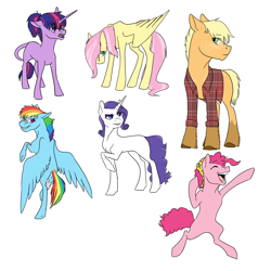 Size: 2200x2200 | Tagged: safe, artist:phobicalbino, derpibooru import, applejack, fluttershy, pinkie pie, rainbow dash, rarity, twilight sparkle, unicorn twilight, earth pony, pegasus, pony, unicorn, bandaid, braces, clothes, female, foal, mane six, raised hoof, shirt, simple background, teenager, white background