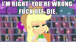 Size: 610x343 | Tagged: safe, applejack, equestria girls, image macro, meme, reaction image, vulgar