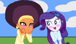 Size: 1174x681 | Tagged: safe, artist:ktd1993, rarity, saffron masala, equestria girls, afro, awesome face, blushing, equestria girls-ified, female, lesbian, raffron, shipping