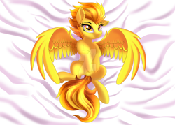 Size: 1600x1143 | Tagged: safe, artist:ask-colorsound, derpibooru import, spitfire, pegasus, pony, bed, bedding, bedroom eyes, commission, ear fluff, female, looking at you, obtrusive watermark, smiling, solo, spread legs, spread wings, spreading, watermark, wings