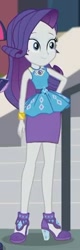 Size: 671x2100 | Tagged: safe, screencap, rarity, better together, equestria girls, text support, geode of shielding, grin, hand down, hand on hip, high heels, jewelry, legs, magical geodes, pencil skirt, pendant, rarity peplum dress, sleeveless, solo, standing up