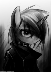 Size: 636x900 | Tagged: safe, artist:foxinshadow, oc, oc only, oc:coffee bean, anthro, semi-anthro, unicorn, abstract background, badass, black and white, clothes, collar, dark, edgy, emo, female, grayscale, hair over one eye, jacket, mare, monochrome, solo