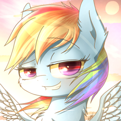 Size: 1280x1280 | Tagged: safe, artist:phoenixrk49, derpibooru import, rainbow dash, pegasus, pony, beautiful, dreamworks face, grin, looking at you, smiling, solo, sunset, traditional art