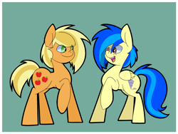 Size: 1000x750 | Tagged: safe, artist:koportable, applejack, oc, oc:silvia, earth pony, pegasus, pony, alternate hairstyle, cloud, looking at each other, open mouth, raised hoof, smiling