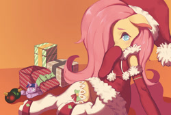 Size: 1006x675 | Tagged: safe, artist:wtcolor, fluttershy, twilight sparkle, pegasus, pony, semi-anthro, blushing, christmas, clothes, colored pupils, costume, cute, female, floppy ears, hair over one eye, holiday, mare, ornament, pixiv, plushie, present, santa costume, shyabetes, socks, solo, thigh highs