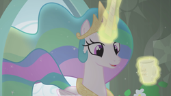 Size: 2560x1440 | Tagged: safe, artist:brutalweather studio, princess celestia, alicorn, pony, cute, cutelestia, female, glowing horn, horn, i can't believe it's not hasbro studios, magic, mug, show accurate, solo, youtube link