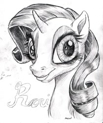 Size: 1076x1280 | Tagged: safe, artist:docwario, rarity, pony, unicorn, bust, female, mare, monochrome, signature, smiling, solo, traditional art, uncanny valley