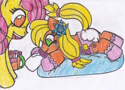 Size: 1024x740 | Tagged: dead source, safe, artist:cuddlelamb, apple bloom, applejack, earth pony, pony, age regression, baby, baby pony, diaper, foal, poison joke, traditional art