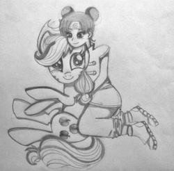 Size: 1024x1006 | Tagged: safe, artist:majorajongara, applejack, earth pony, pony, crossover, monochrome, naruto, tenten, traditional art