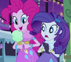 Size: 820x720 | Tagged: safe, screencap, pinkie pie, rarity, equestria girls, perfect day for fun, balloon, bracelet, cropped, food, ice cream, jewelry, rarity looking at food