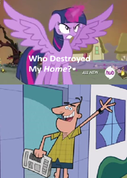 Size: 422x592 | Tagged: safe, derpibooru import, twilight sparkle, twilight sparkle (alicorn), alicorn, pony, dinkleberg, dinkleberg thread, exploitable meme, female, hub logo, mare, meme, the fairly oddparents, who destroyed twilight's home